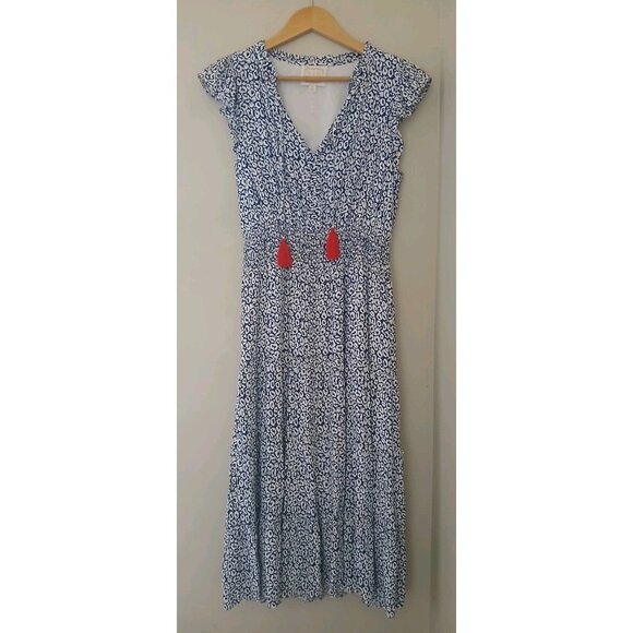 Sail to Sable Flutter Sleeve Midi Dress Size Medium Blue White Animal Print - Picture 1 of 9